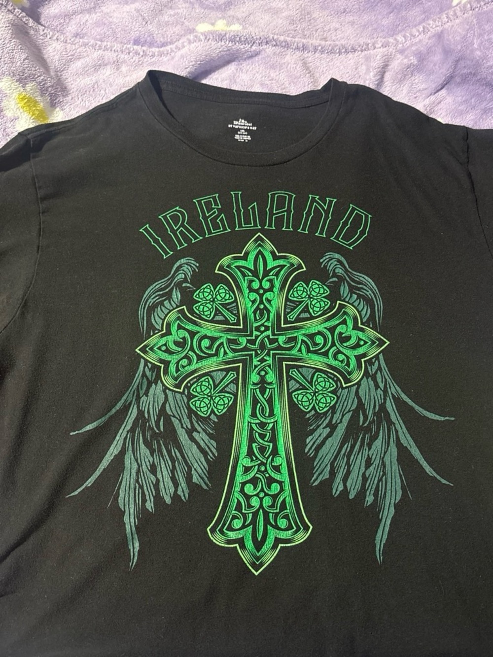 Celebrate It Black Tee with Green Celtic Cross & Wings